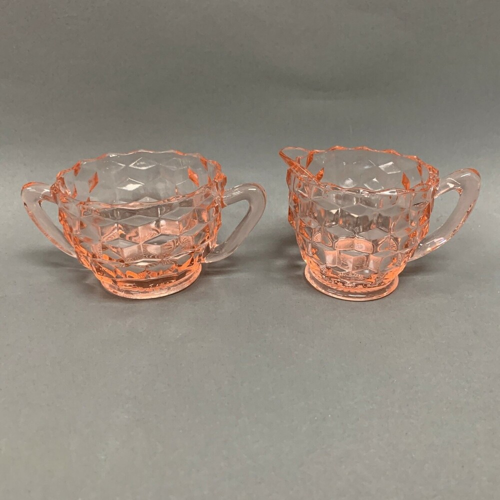 Jeanette Cube Depression‎ Glass Pink Clear Creamer Mini Open Sugar Bowl